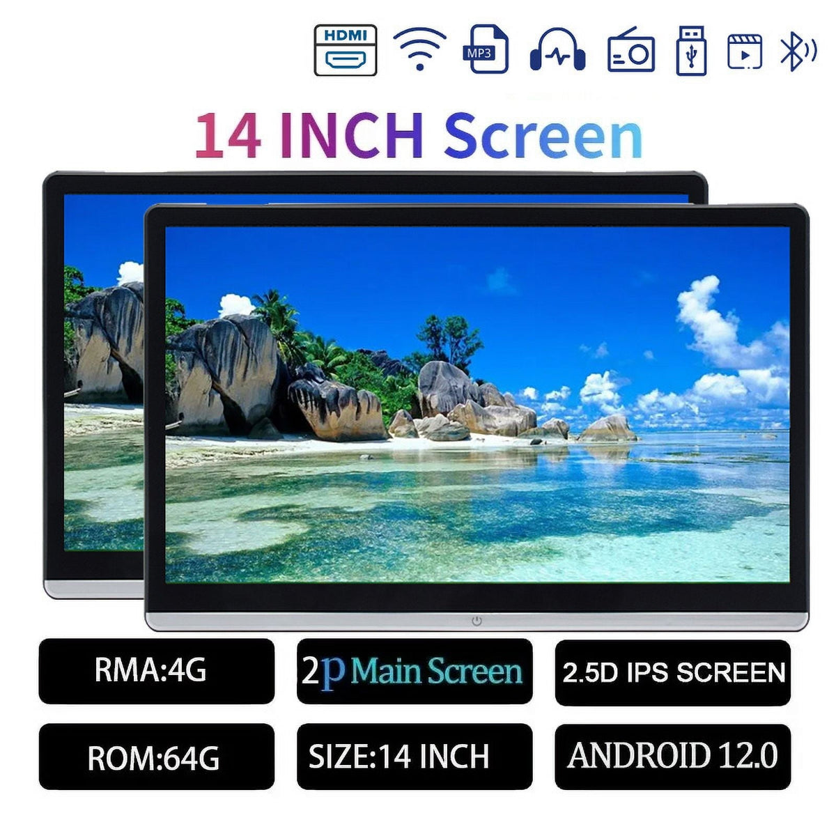 2-PCS 14 inch Car Headrest Monitor Monitor IPS Android 12 4G+64G Touch Screen For Car Rear Seat Player Video Music FM BT AirPlay Dual HDMI