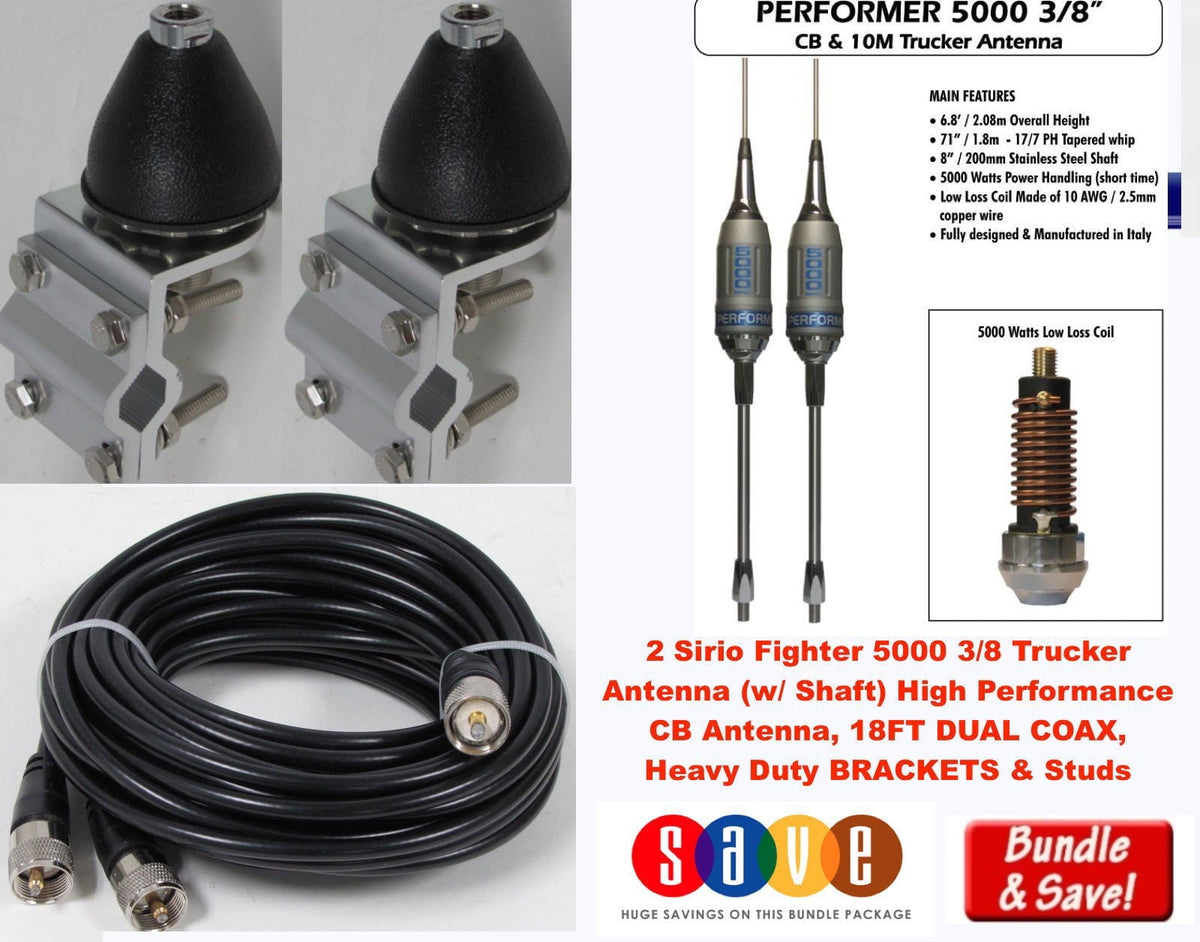 Dual Sirio Performer 5000 3/8  5000W moibile CB Trucker Antenna, COAX, BRACKETS