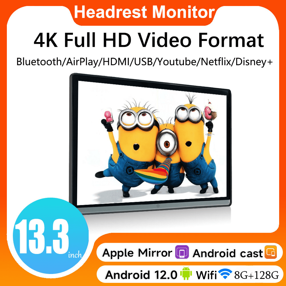 Dual HMDI 13.3Android 12 8G+128G Car Headrest Monitor IPS Tablet Touch Screen For Car Rear Seat 4K Video