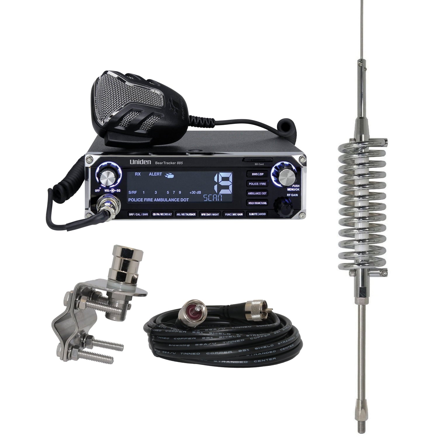 Uniden BearTracker 885 Hybrid CB Radio/Digital Scanner, Browning BR-28 High-Performance Broad Band 63CB Antenna & BR-MM-18 Mirror-Mount Kit with CB Antenna Coaxial Cable